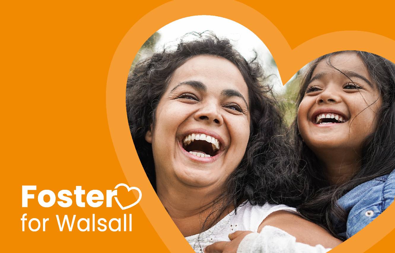 Woman and girl laughing, along with the Foster for Walsall logo