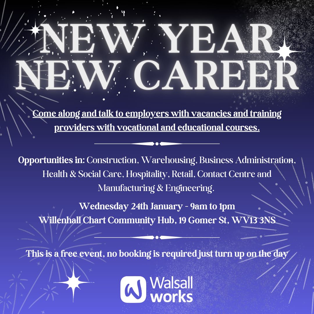 Details of the New Year New Career event on a firework filled background