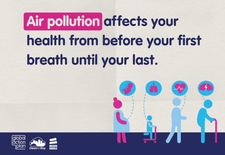 Image reads air pollution affects your health from before your first breath until your last.