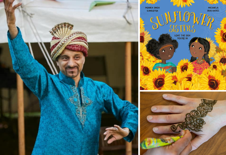 Dancer Sohan Kailey in traditional costume, a book cover and a hand being decorated with mehndi