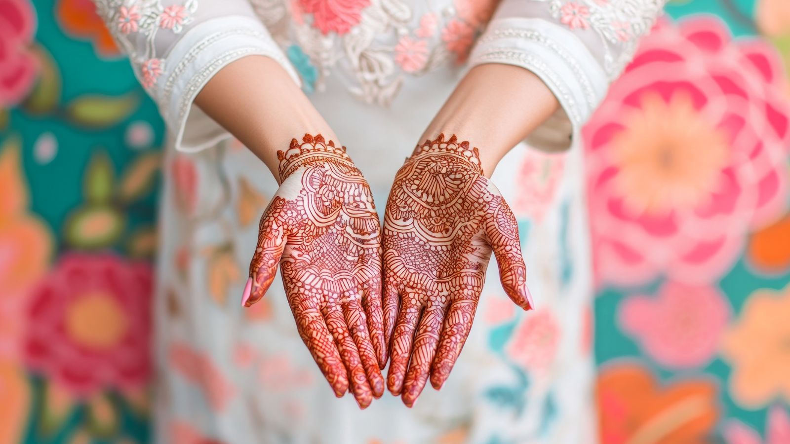 A women with henna on her palms, standing infront of a floral backdrop