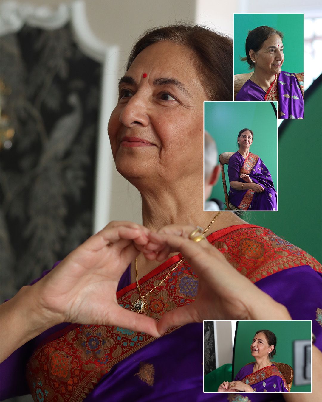 4 images of the same woman, on with ther holding her hands up in the shape of a heart