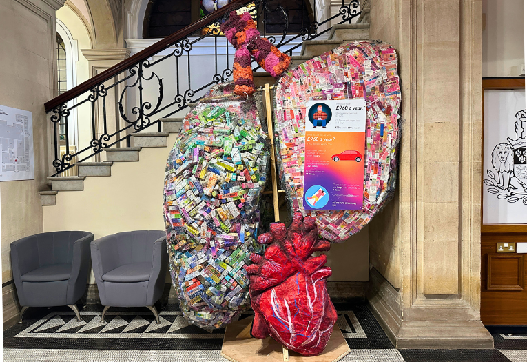 Image depicts an art installation of a pair of lungs with a heart on display at Walsall Council House.