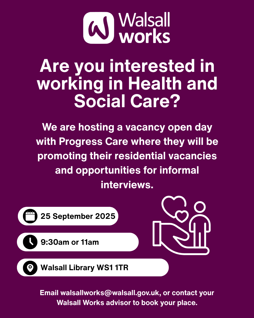 Vacancy open day with Progress Care on 25 September 2025 at 9:30am or 11am