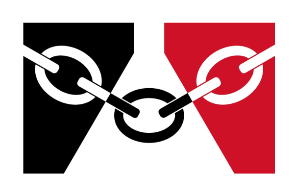 The Black Country flag - black and red split by a white triangular shape representing a glass cone or iron furnace, intersected by a chain.