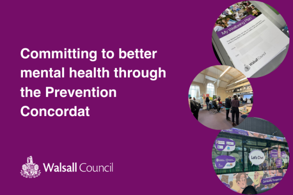 Image depicts committing to better mental health through the prevention concordat with three photos depicting wellbeing.