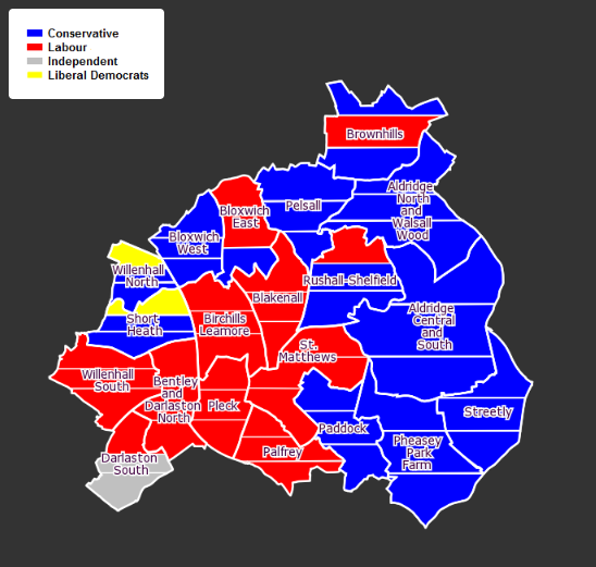 Map showing areas that voted for specific parties