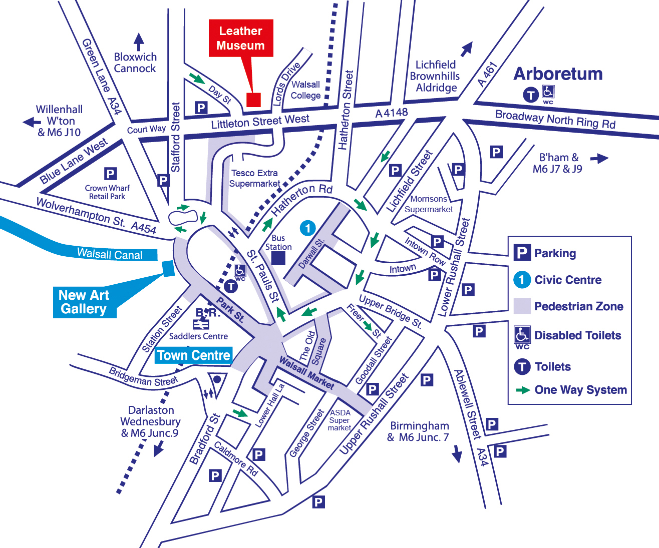 Map of Walsall town centre showing the location of the Leather Museum on Littleton Street West