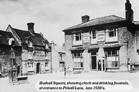 Rushall Square, showing the clock and drinking fountain at the entrance to Pelsall Lane, late 1930s