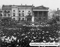 Black and white photo of the unveiling of the Sister Dora statue in 1886