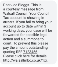 Walsall Council uses walsallmbc.co.uk as the email address for legitimate council tax messages.