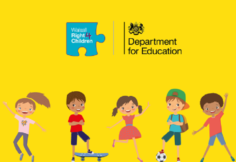 Cartoon children with logos for the Department for Education and Walsall Right 4 Children
