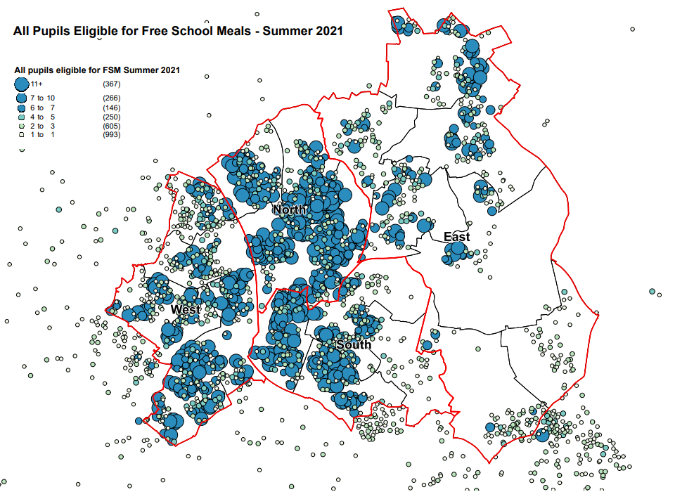 A map showing all pupils eligible for free school meals in Walsall
