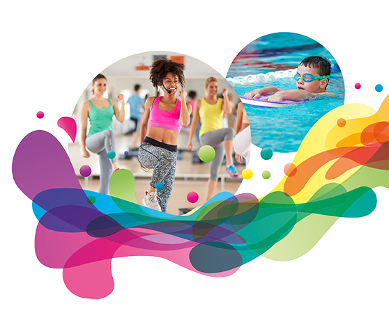 Walsall Leisure logo including images of people in an exercise class and a child swimming