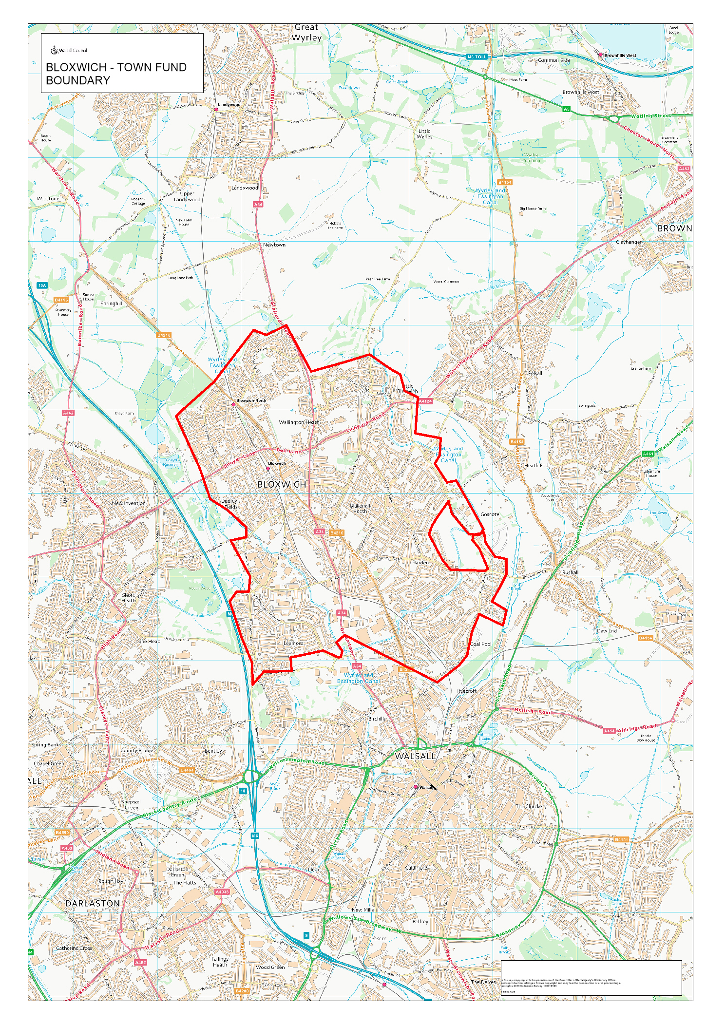 Map of Bloxwich area, including town centre, Bloxwich North, Blakenhall Heath, Leamore, Dudley Fields and Harden