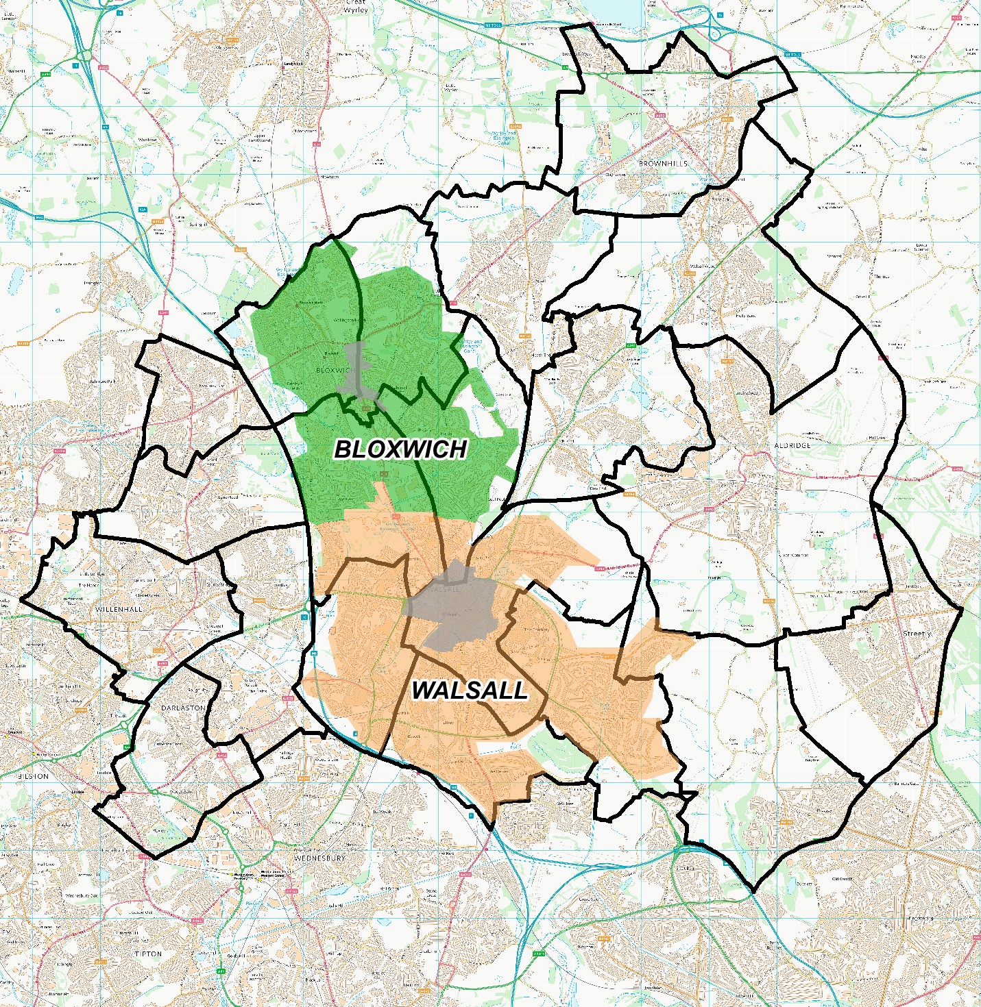 Walsall Borough map, with the wards outlined