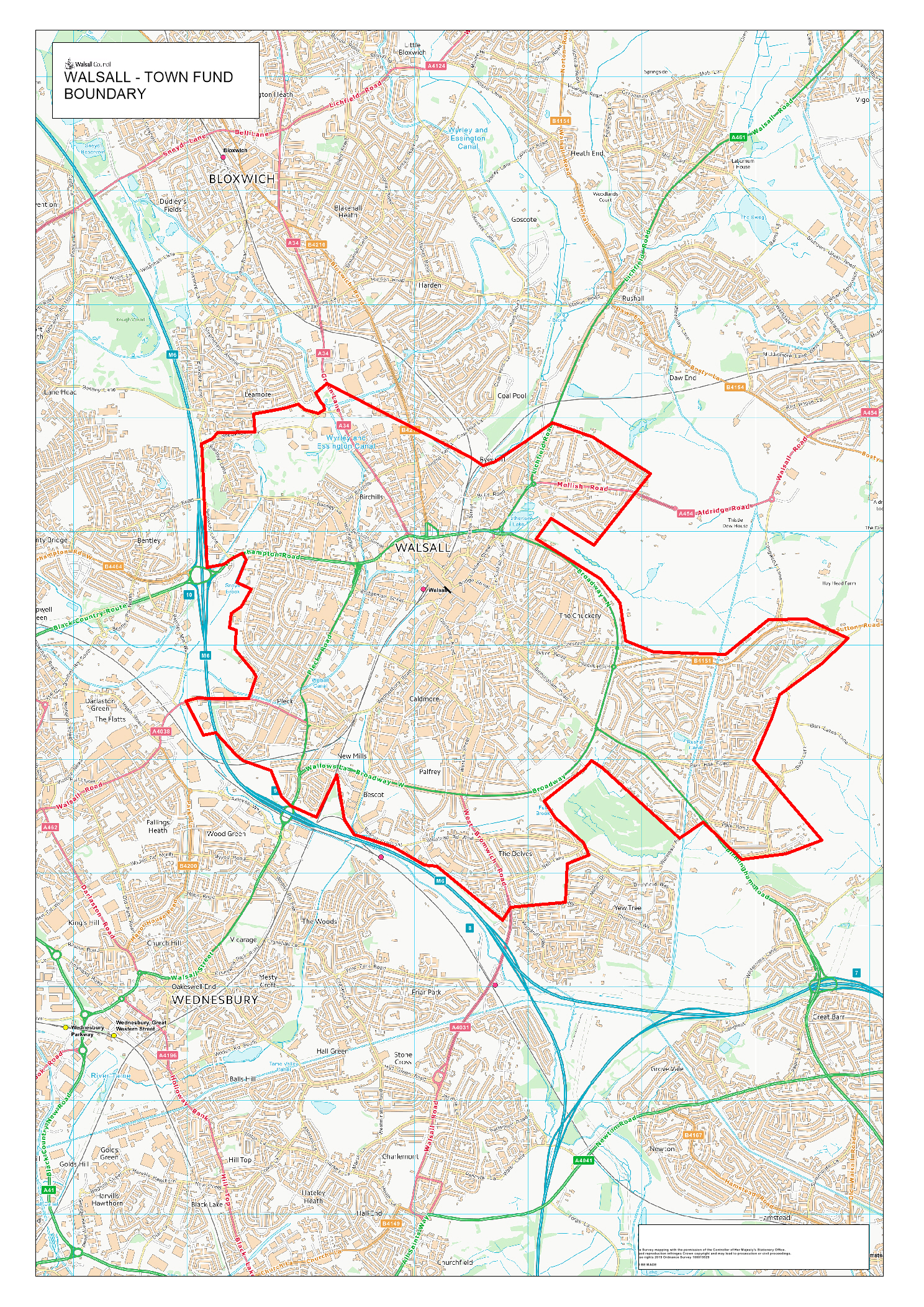 Map of the Walsall town centre area, including Birchills, Chuckery, Park Hall, Delves, Palfrey, Bescot, New Mills and Pleck