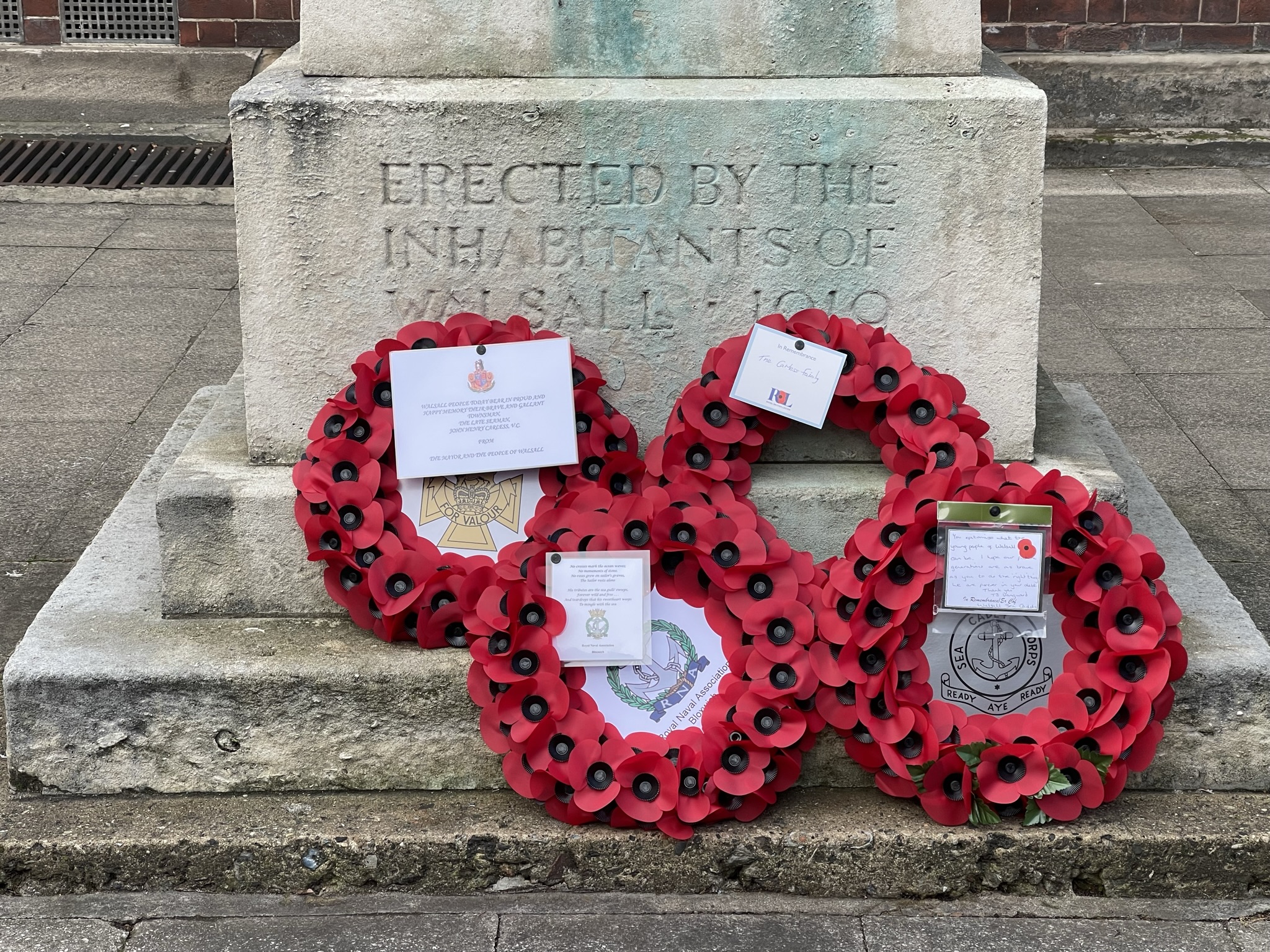 Poppy wreaths at the Carless memorial