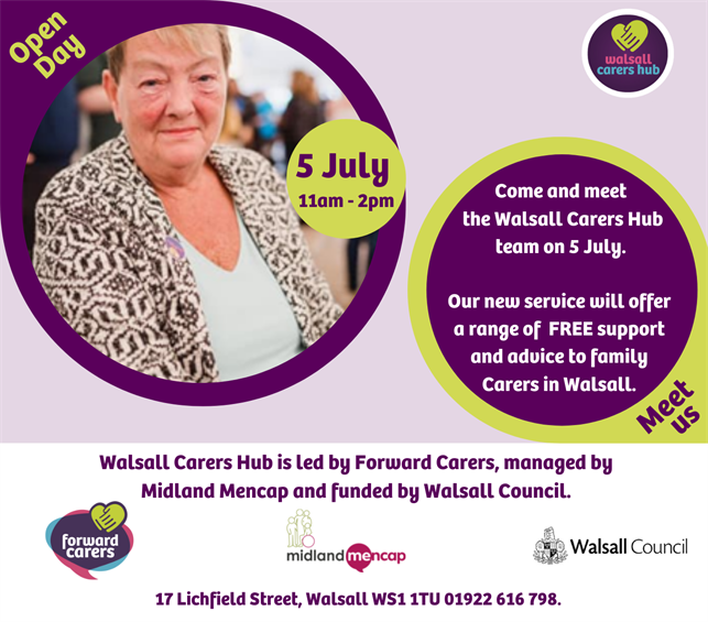 Image advertising the launch of a Carers Hub service in Walsall.