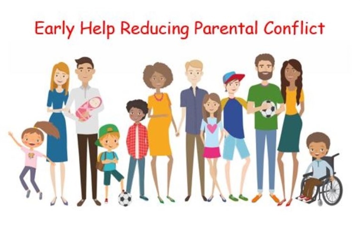 Image reads: Early Help Reducing Parental Conflict. Image shows a graphic of different families.