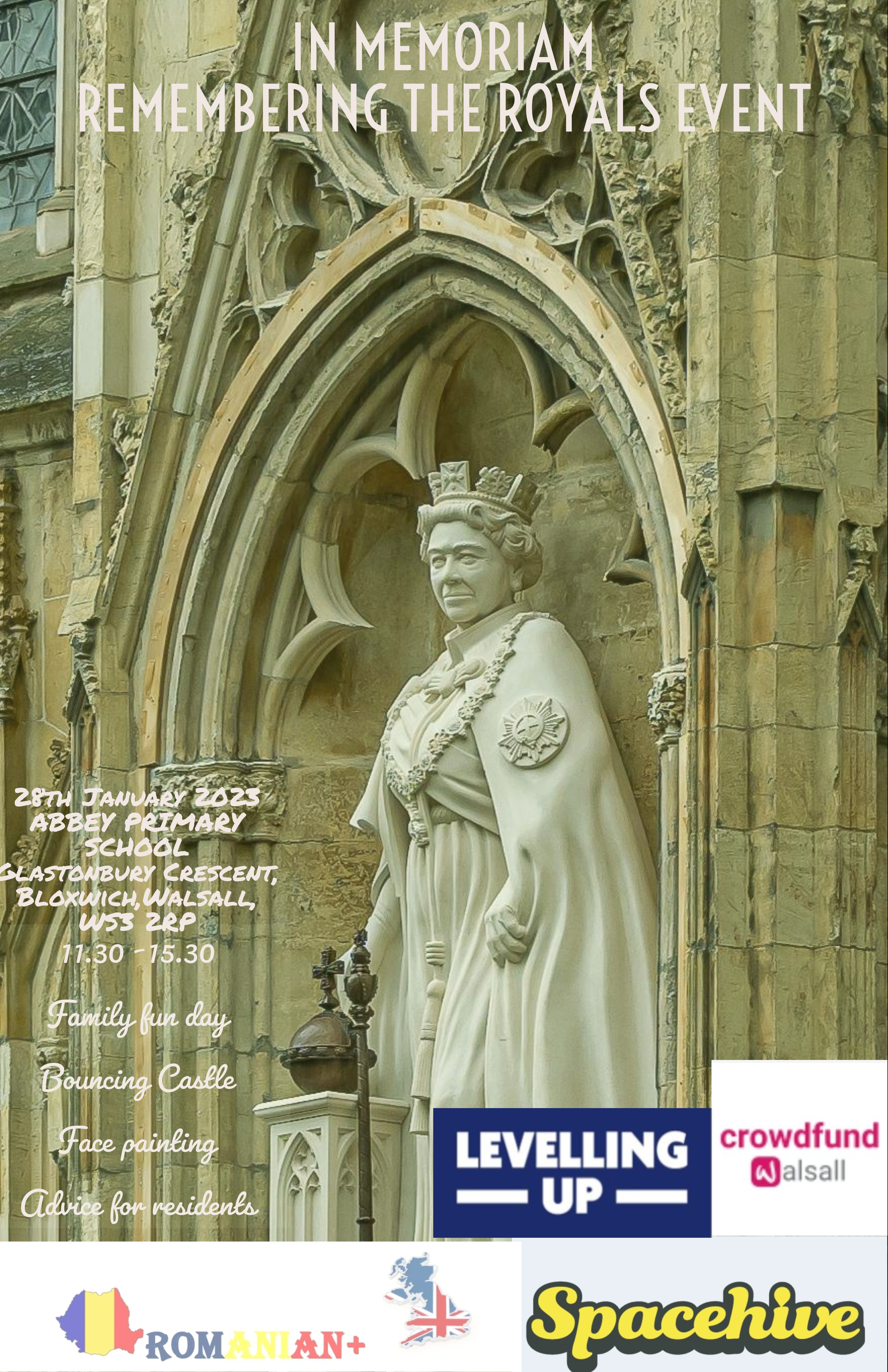 A flyer depicting a photo of a statue of The Queen. The flyer reads In Memorium Remembering the Royals Event