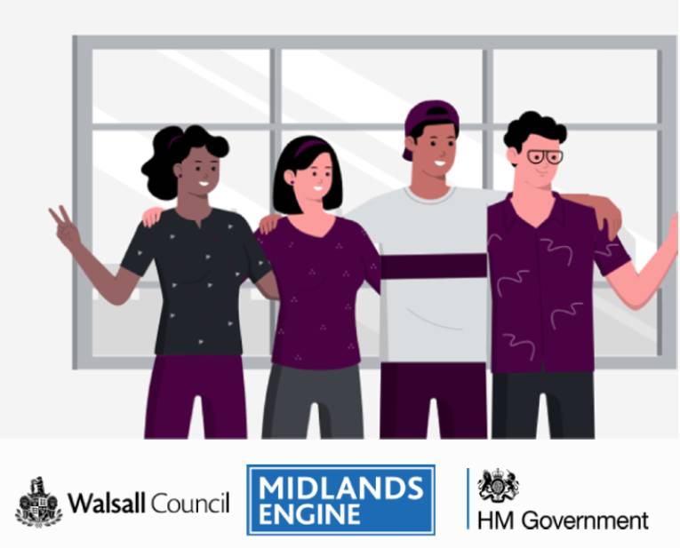 Four cartoon people with logos of Walsall Council, Midlands Engine and HM Government