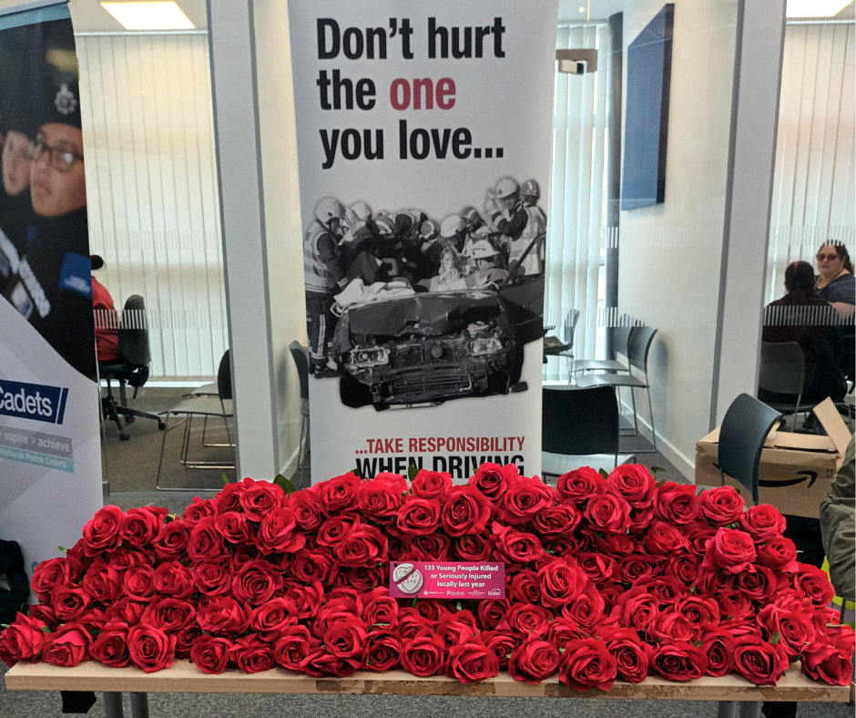 A display of 113 red roses representing the 113 young people killed and injured in road traffic accidents in a 12 month period