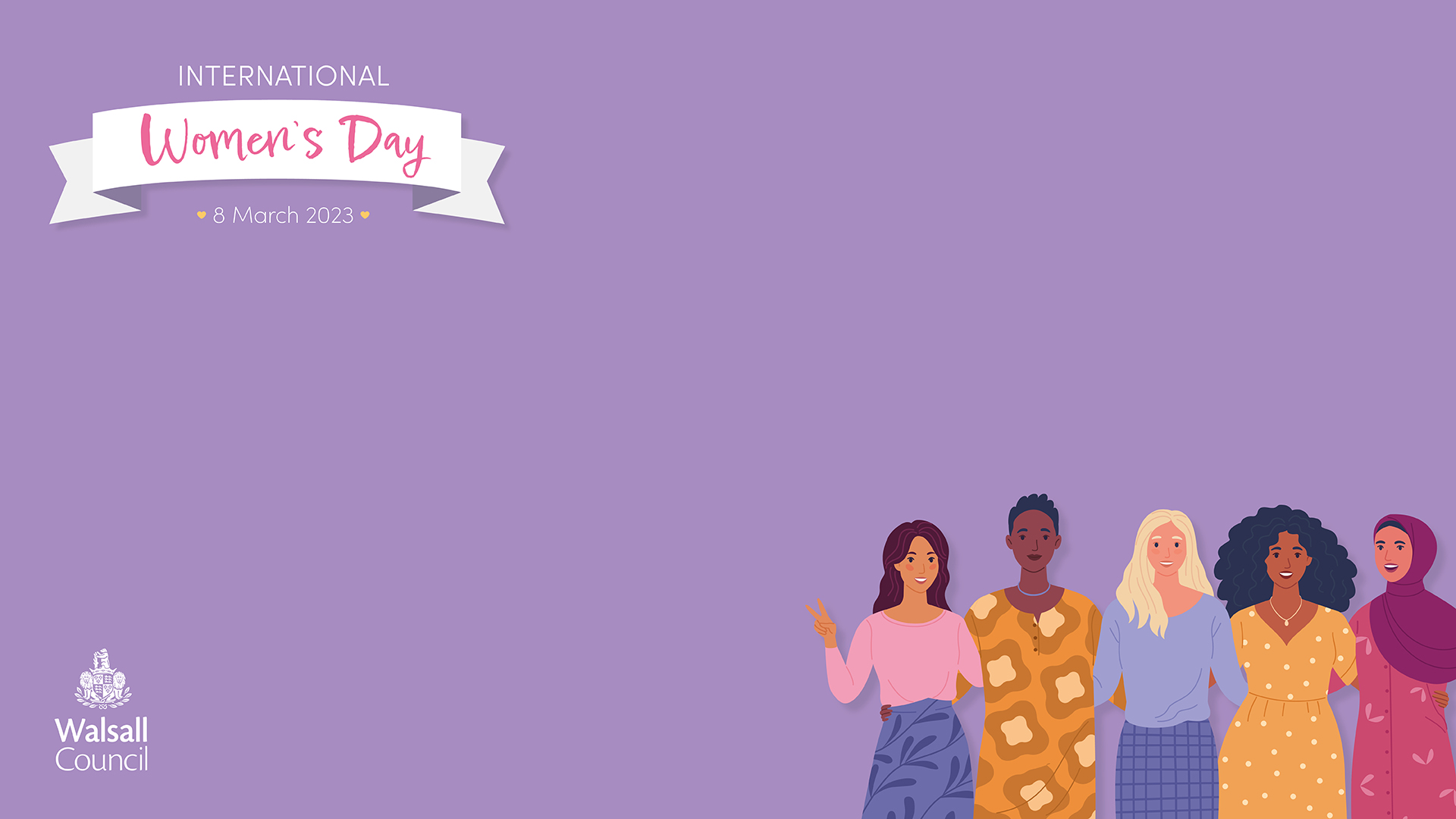 A purple background with an International Women's Day banner. In the bottom right corner is an illustration of 5 women.