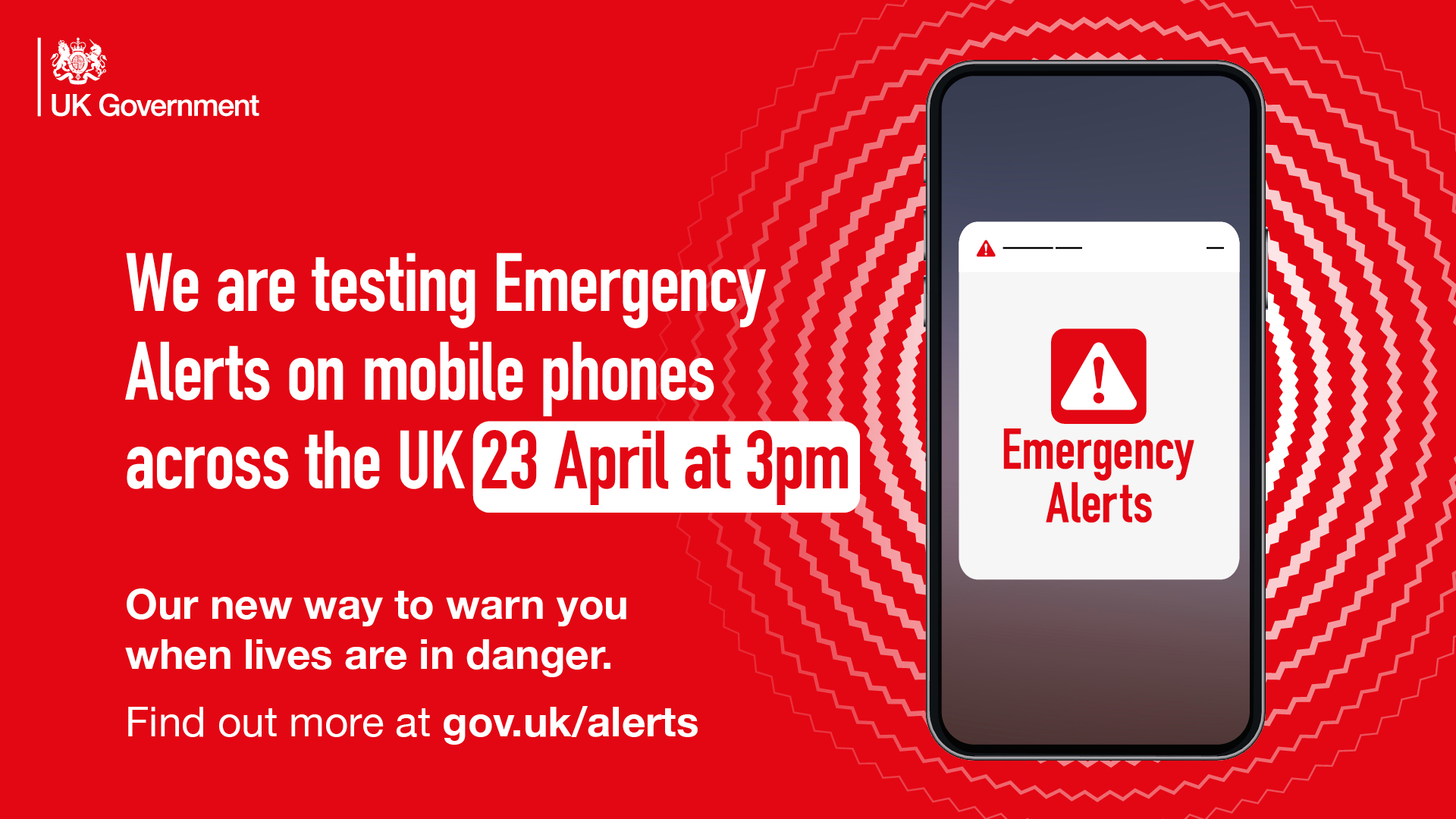 Red background showing a mobile phone that says emergency alerts in red text