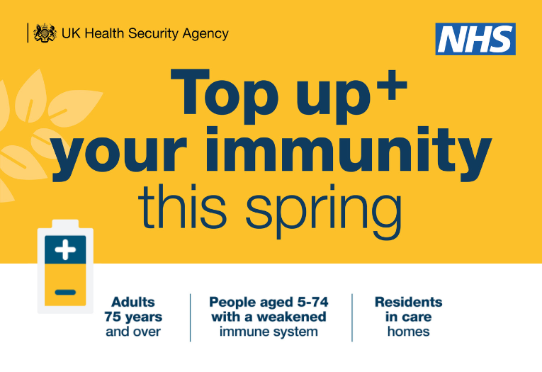 Image depicts a graphic with the following information: Top up+ your immunity this spring. Adults 75 years and over. People aged 5-74 with a weakened immune system. Residents in care homes.