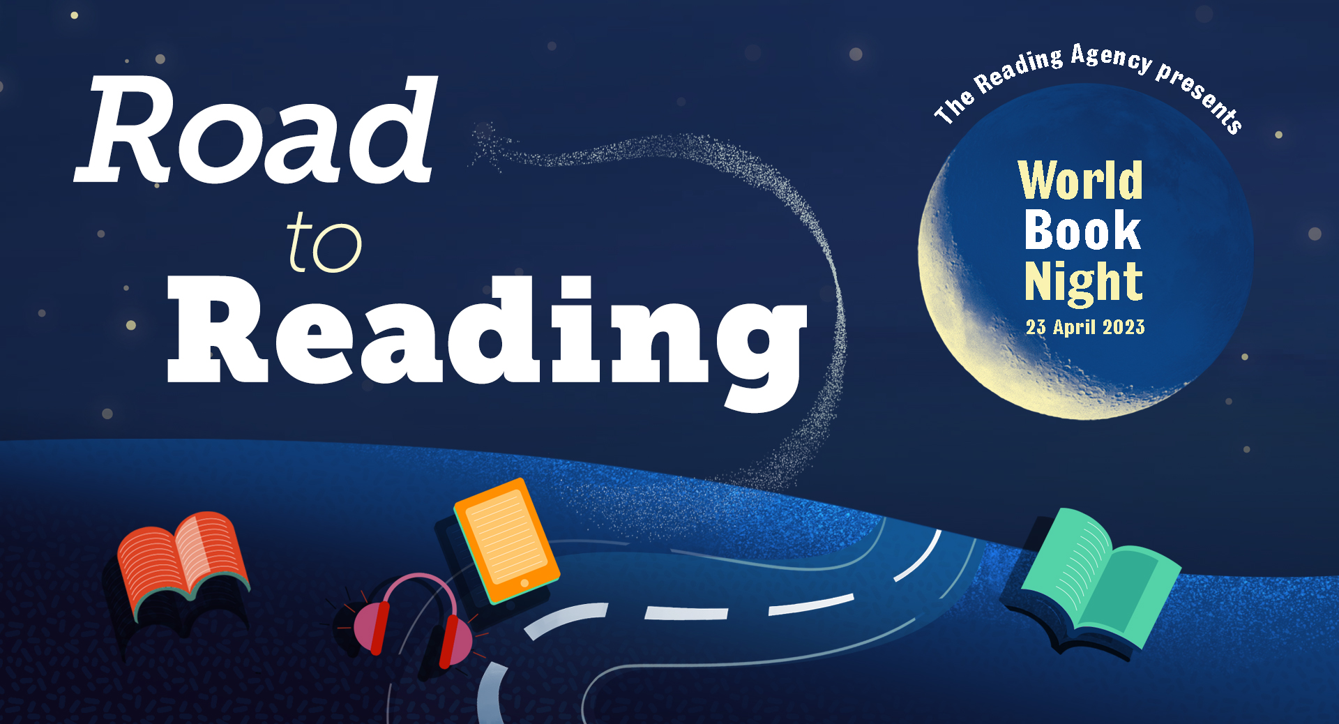World Book Night banner which has the initiative's logo as well as 'The Road to Reading'.