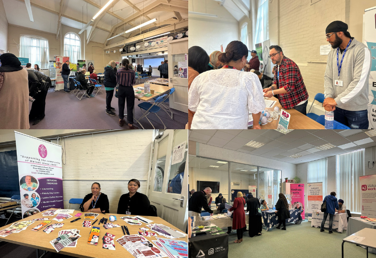 Image depicts a collage of four different photos of a community wellbeing event at Nash Dom CIC in Walsall