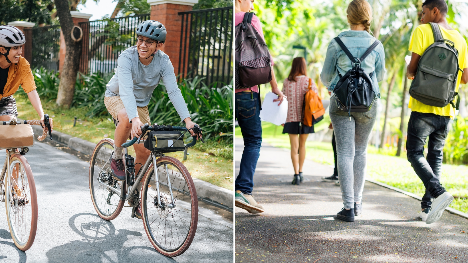 Image shows a collage of two photos depicting cycling and walking.