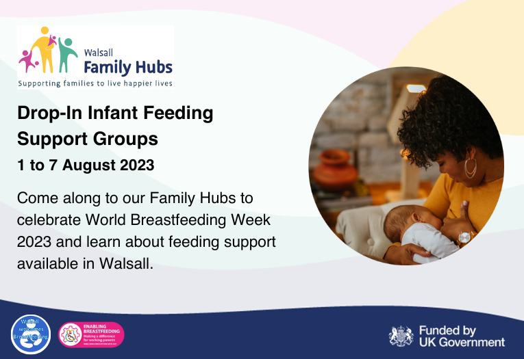 Image depicts information about drop-in infant feeding support groups happening between 1 and 7 August 2023.