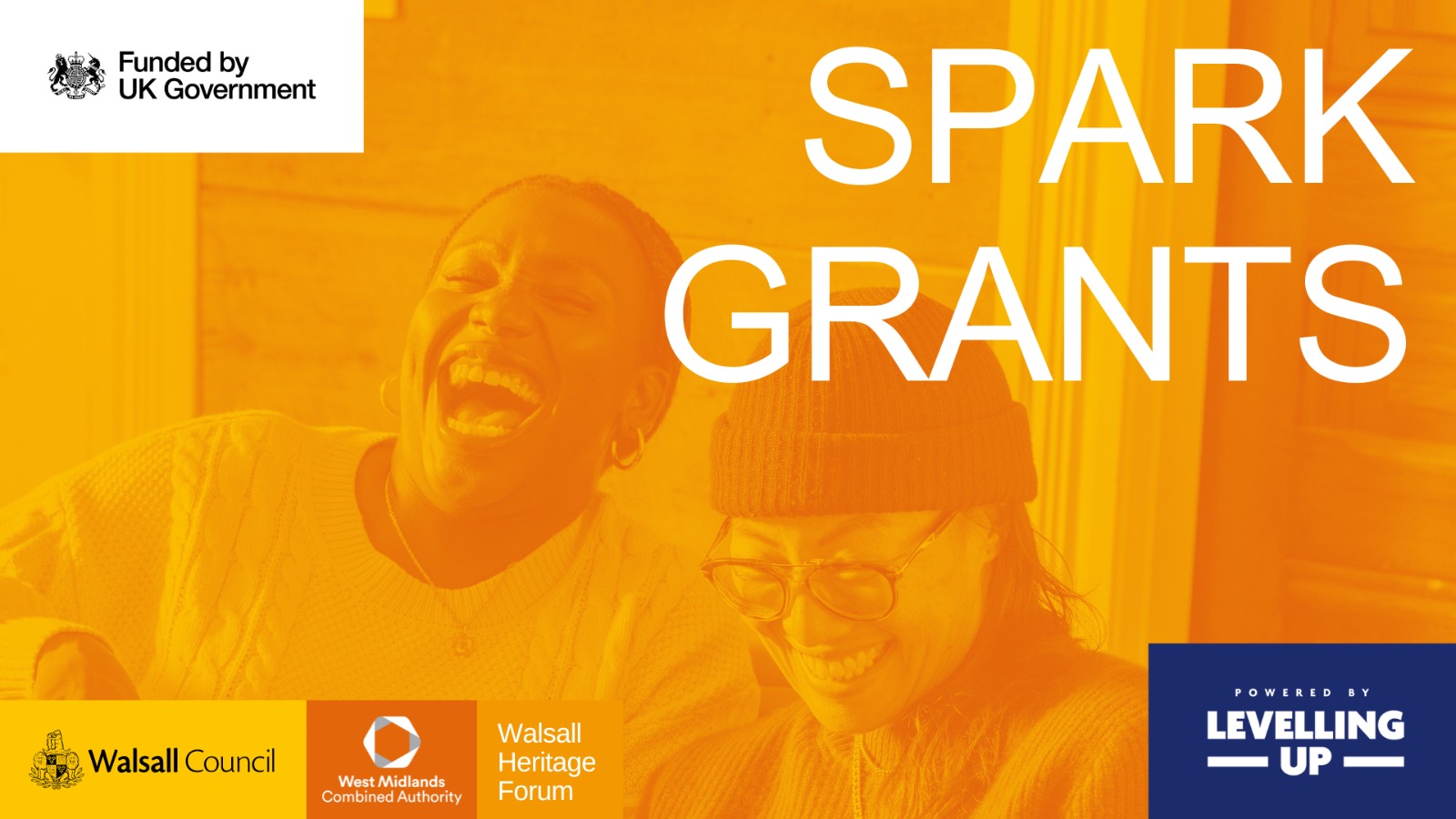 Spark grants logos: Funded by UK Government; Walsall Council; West Midlands Combined Authority; Walsall Heritage Forum; Powered by Levelling Up
