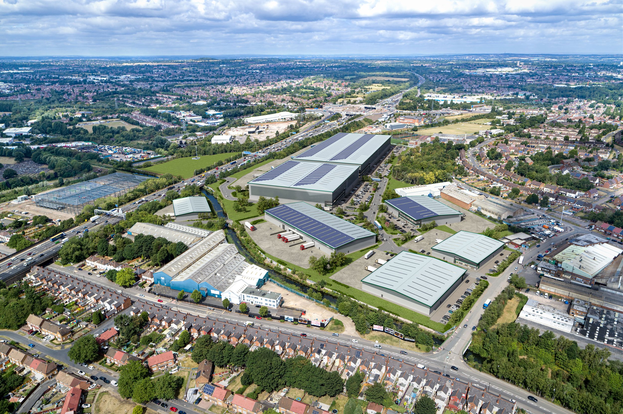 Artist's aerial impression of the SPARK development at the side of M6 J10, showing large industrial warehouses