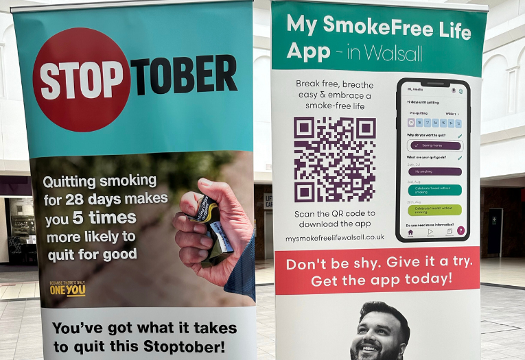 Image depicts two banners about Stoptober and My SmokeFree Life app.