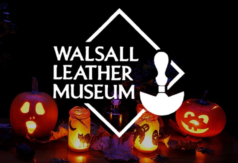 Walsall Leather Museum logo with a pumpkin background