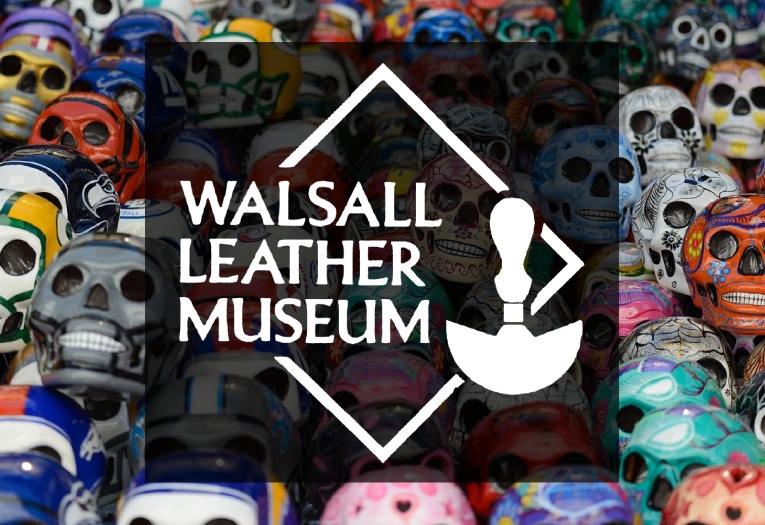Walsall Leather Museum logo with skull background