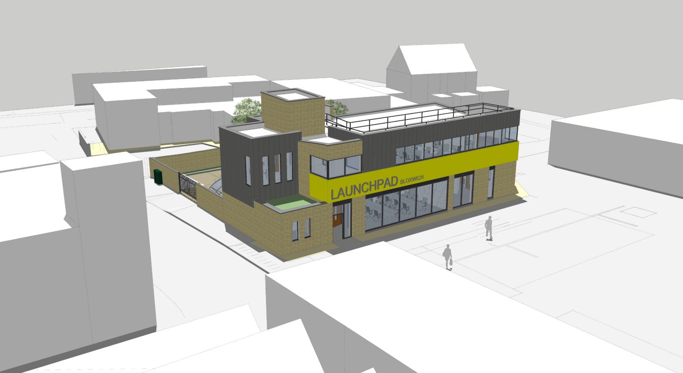 A computer generated image of a building, it's grey and sandy coloured with a green sign at the front that says Launchpad Bloxwich