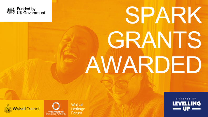 Two people smiling and laughing with the words 'Spark Grants Awarded'