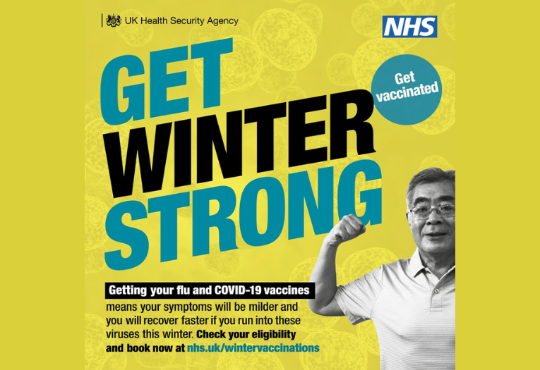 Image depicts Get Winter Strong with a man showing arm strength.