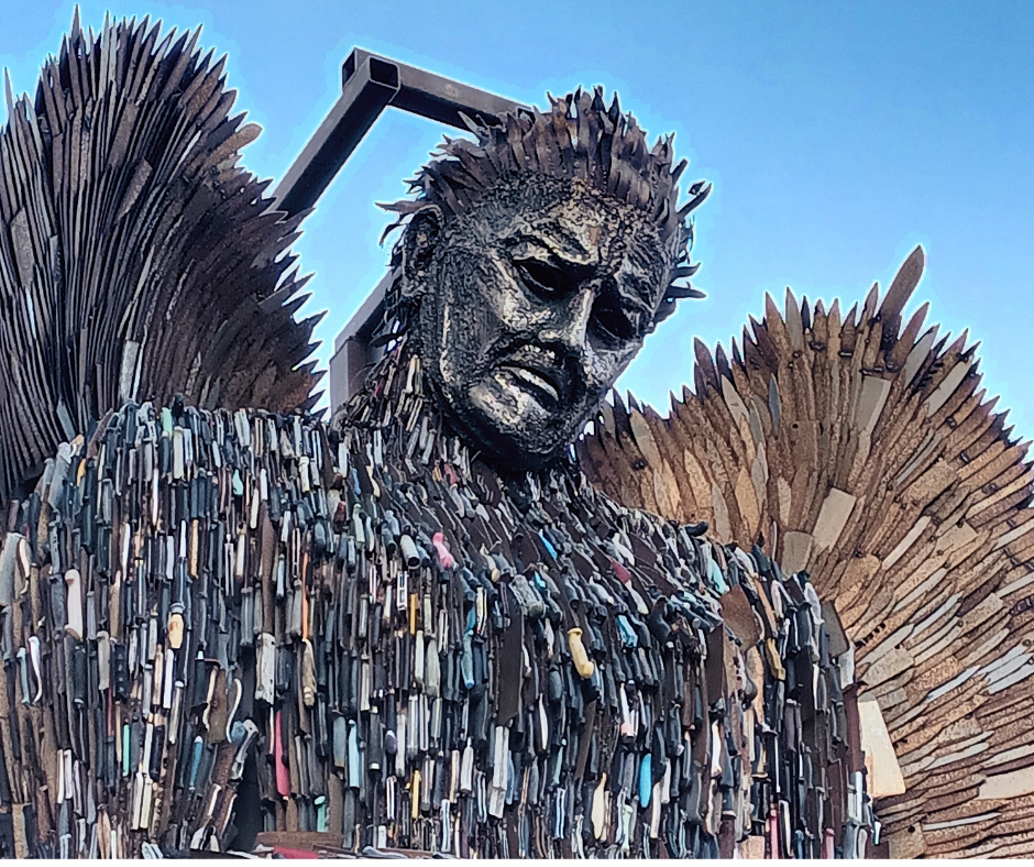 Head and torso of the Knife Angel - a sculpture made from 1000s of ceased knives.