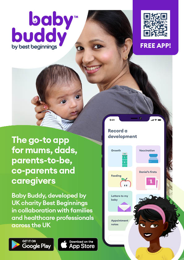 Baby buddy flyer - image depicts mother and baby with a QR code where you can download the app from.