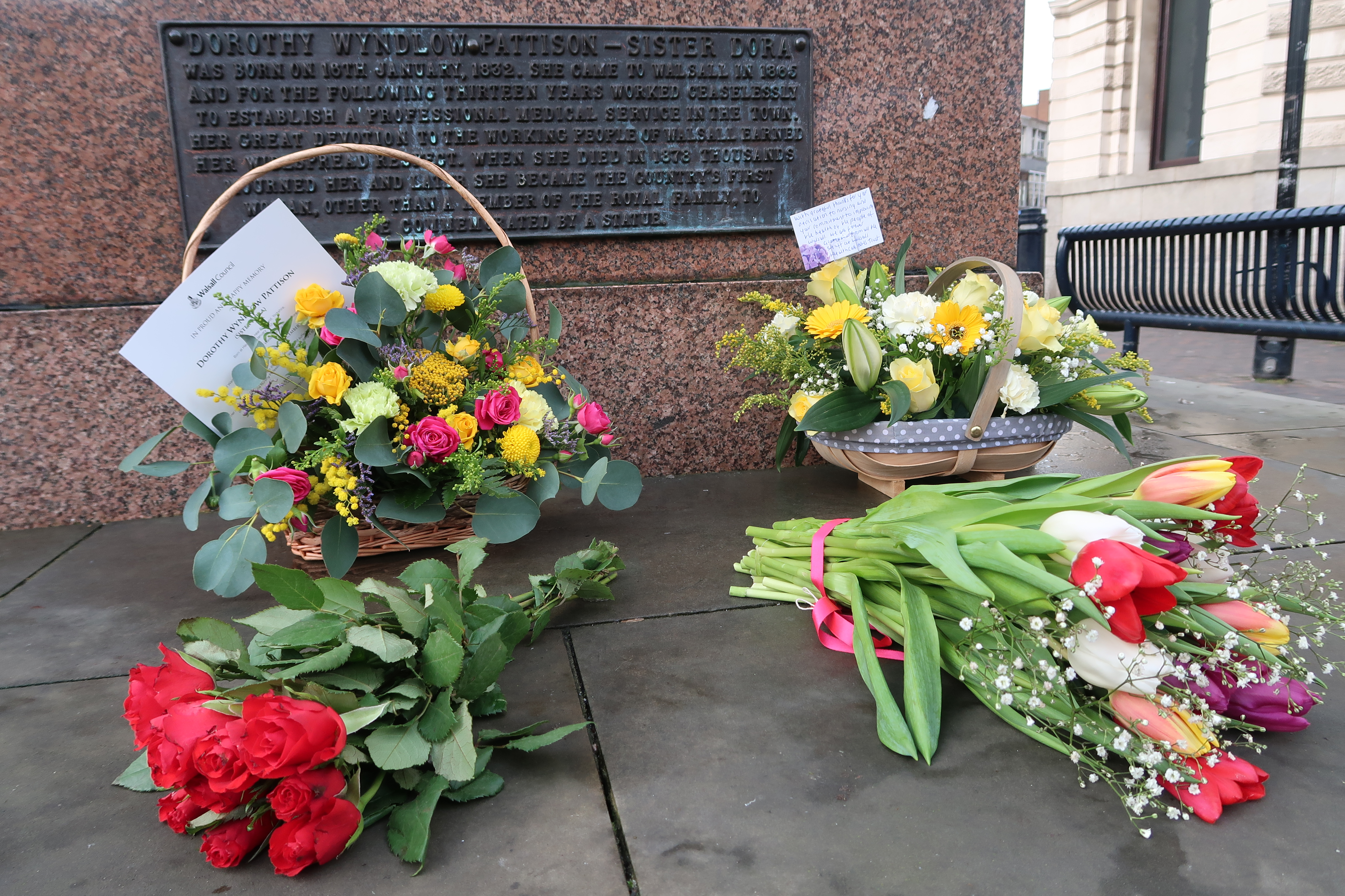 Floral tributes for Sister Dora at her statue in Walsall town centre