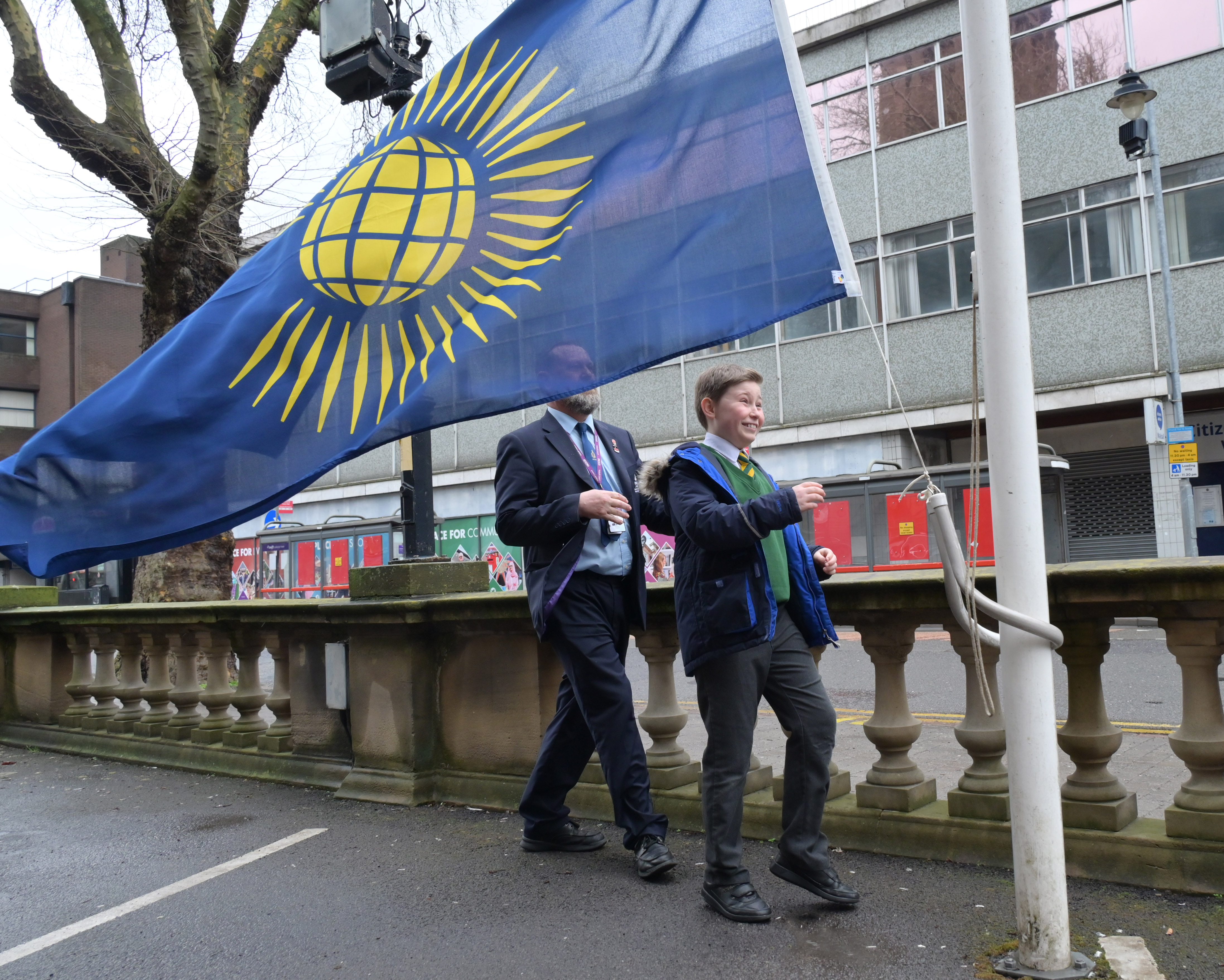 Commonwealth Flag being raise outside Walsall Council House 