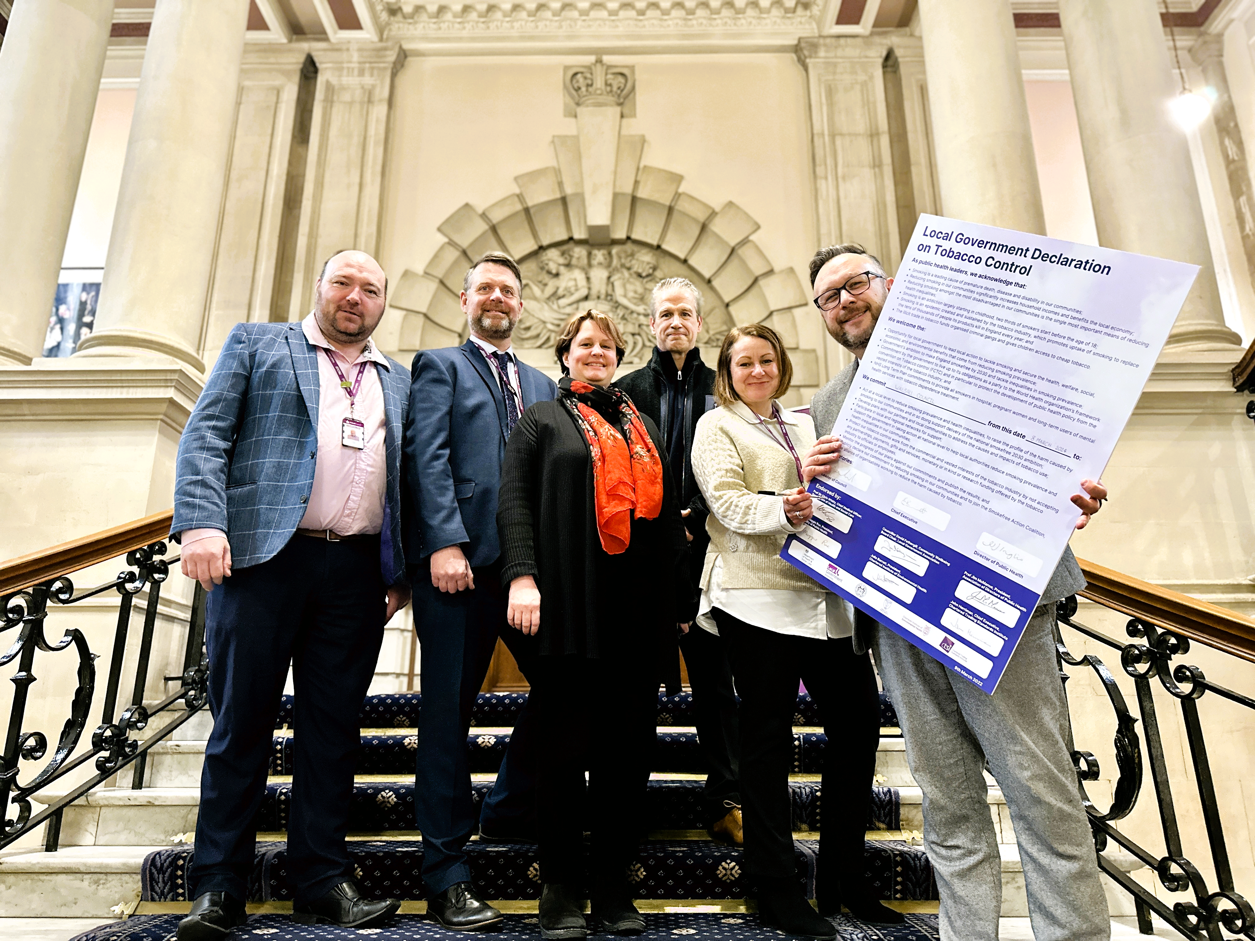 Councillors Flint and Gary Perry, Emma Bennett, Joe Holding and David Erlington at the Tobacco Declaration signing event