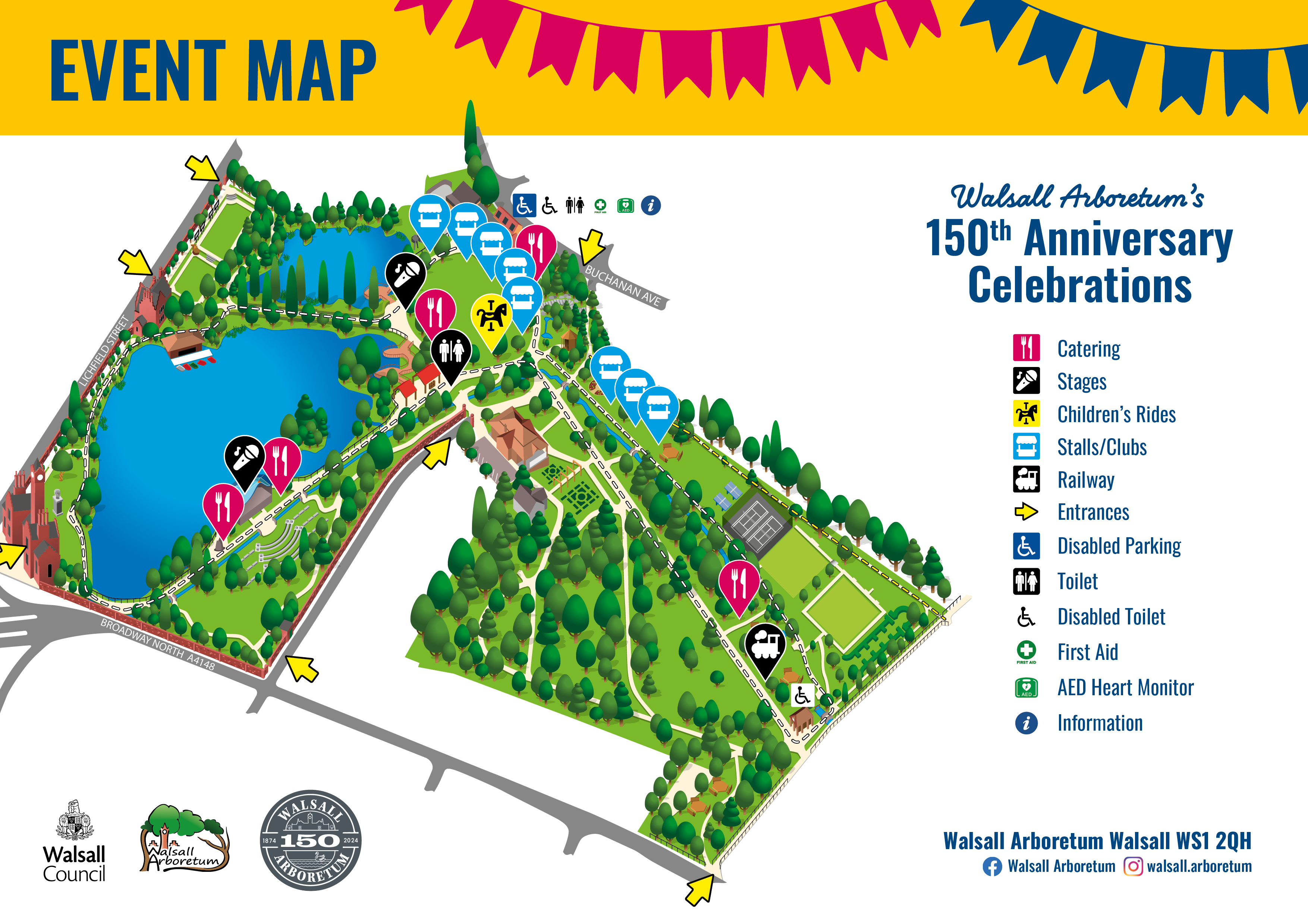 Map of Walsall Arboretum with a key, showing what's on and where at the event on 4 May.
