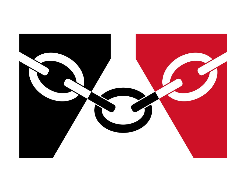 The Black Country flag - black and red split by a white triangular shape representing a glass cone or iron furnace, intersected by a chain.