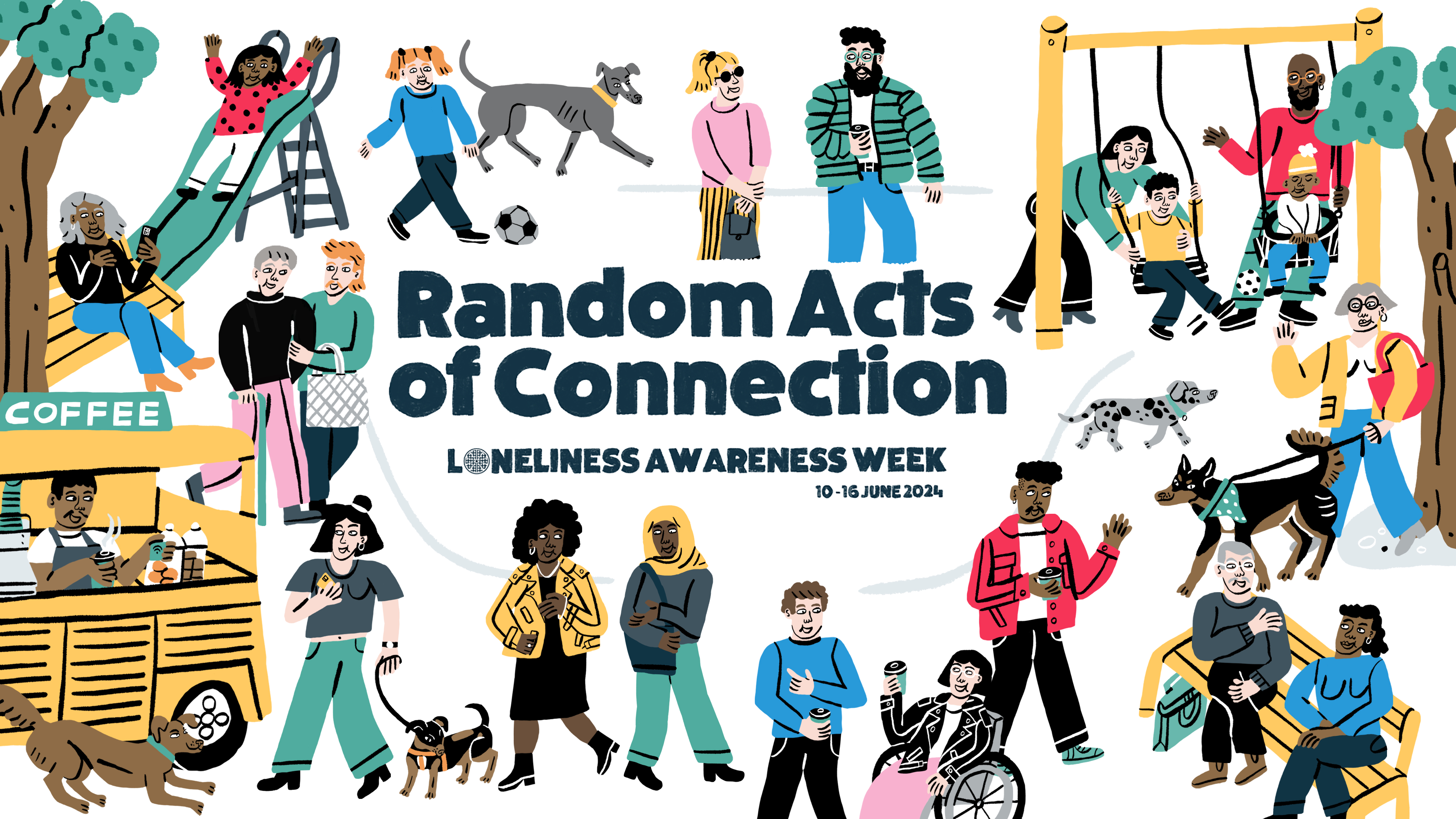Image depicts an illustration of random acts of connection for Loneliness Awareness Week 2024